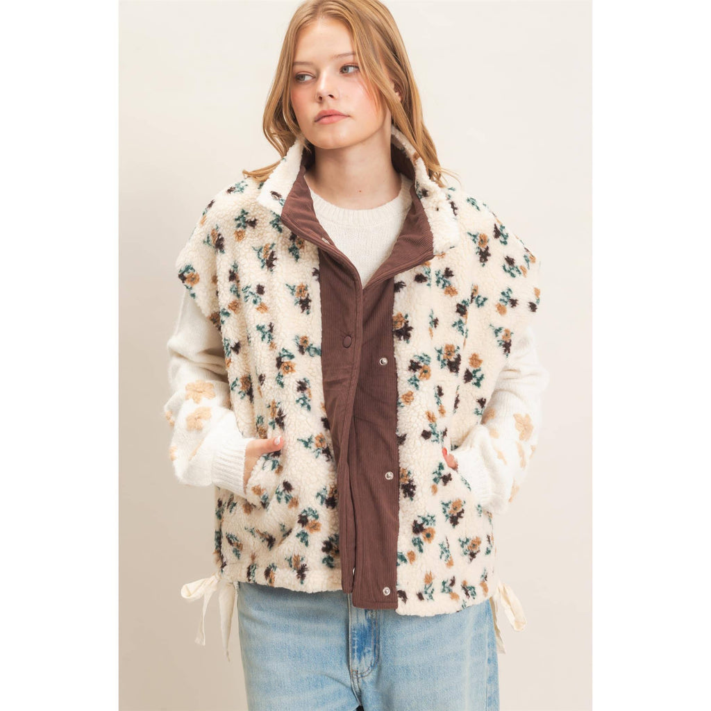 Floral Sherpa Vest With Corduroy