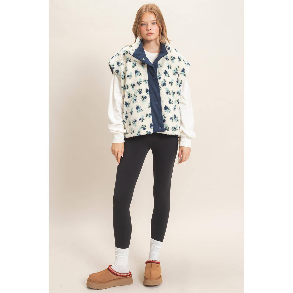 Floral Sherpa Vest With Corduroy