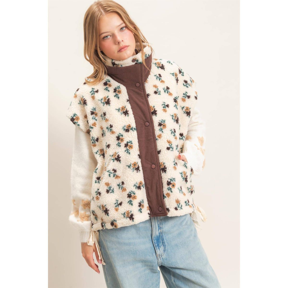 Floral Sherpa Vest With Corduroy