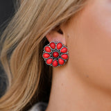 Burnished Silver and Red Flower Stud Earring