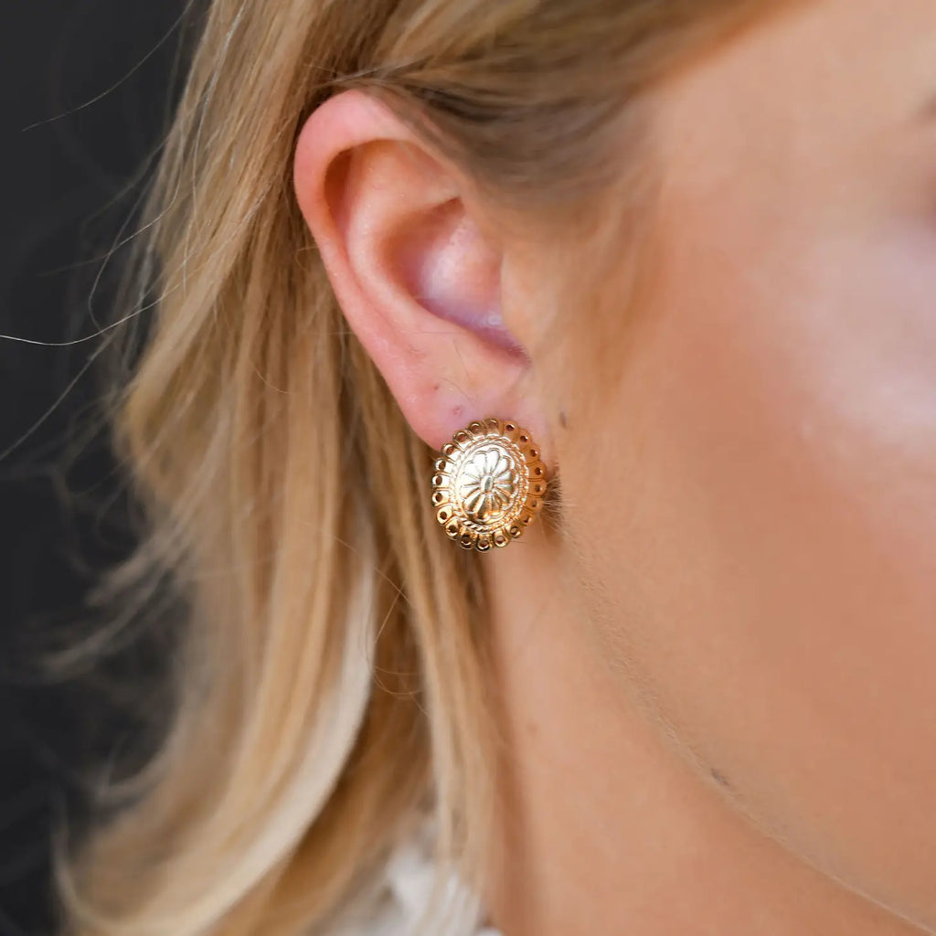 Small Gold Flower Stamped Concho Post Earring