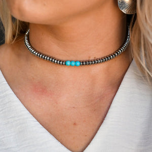 14" Single Strand Slvr/Blk Toggle Neck With Turq Beads
