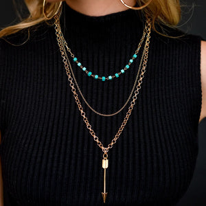 3 Strand Gold Chain Necklace w/ Turquoise Accents & Arrow