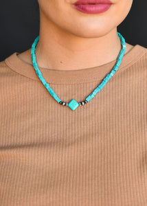 16" Turquoise and Faux Navajo Pearl Necklace with Turquoise Diamond Accent