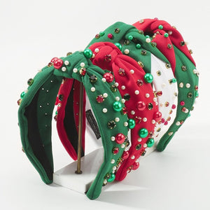 Christmas Rhinestone Pearl Top Knot Headband