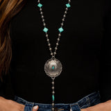 32"" Silver Disc Bead Y Necklace w/ Turquoise Diamond Accent