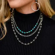 3 Strand Layered Chain Necklace W/ Turquoise & Faux Navajo