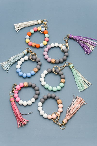 Rubbery Bead Tassel Bracelet Keychain
