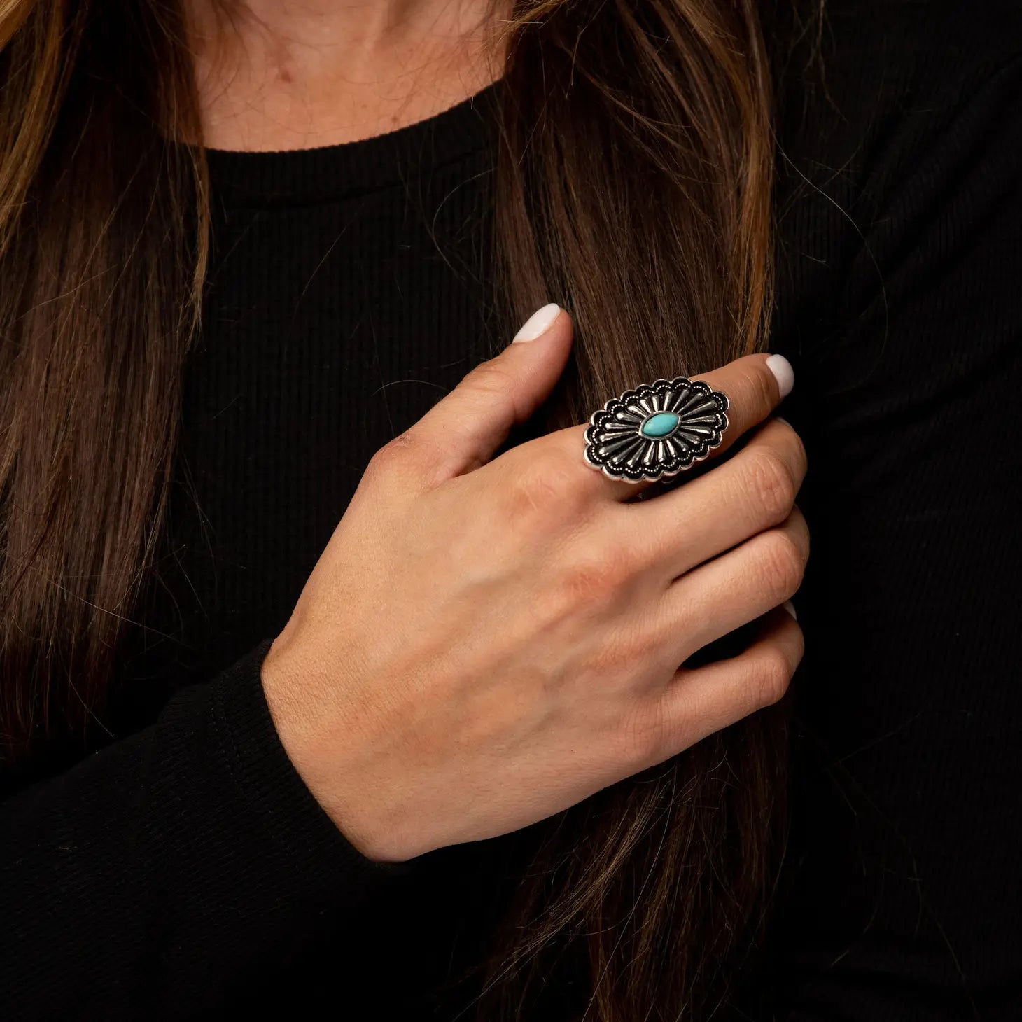 Adjustable Oval Concho Ring with Turquoise Accent