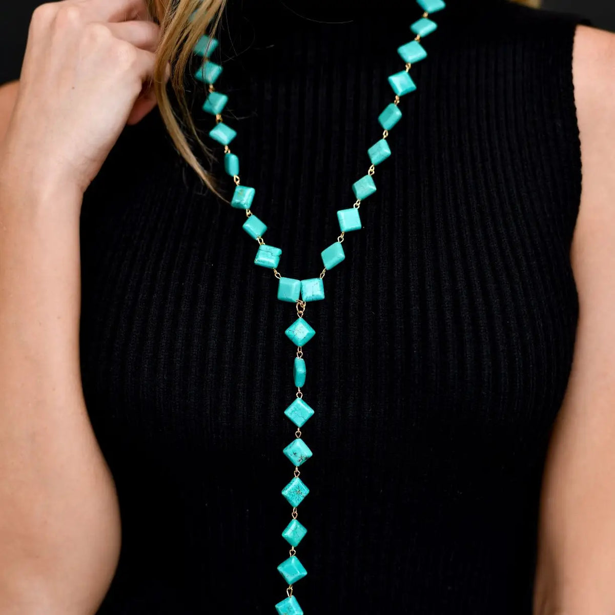 Gold & Turquoise Diamond V Necklace w/ 6.5" Hanging Strand