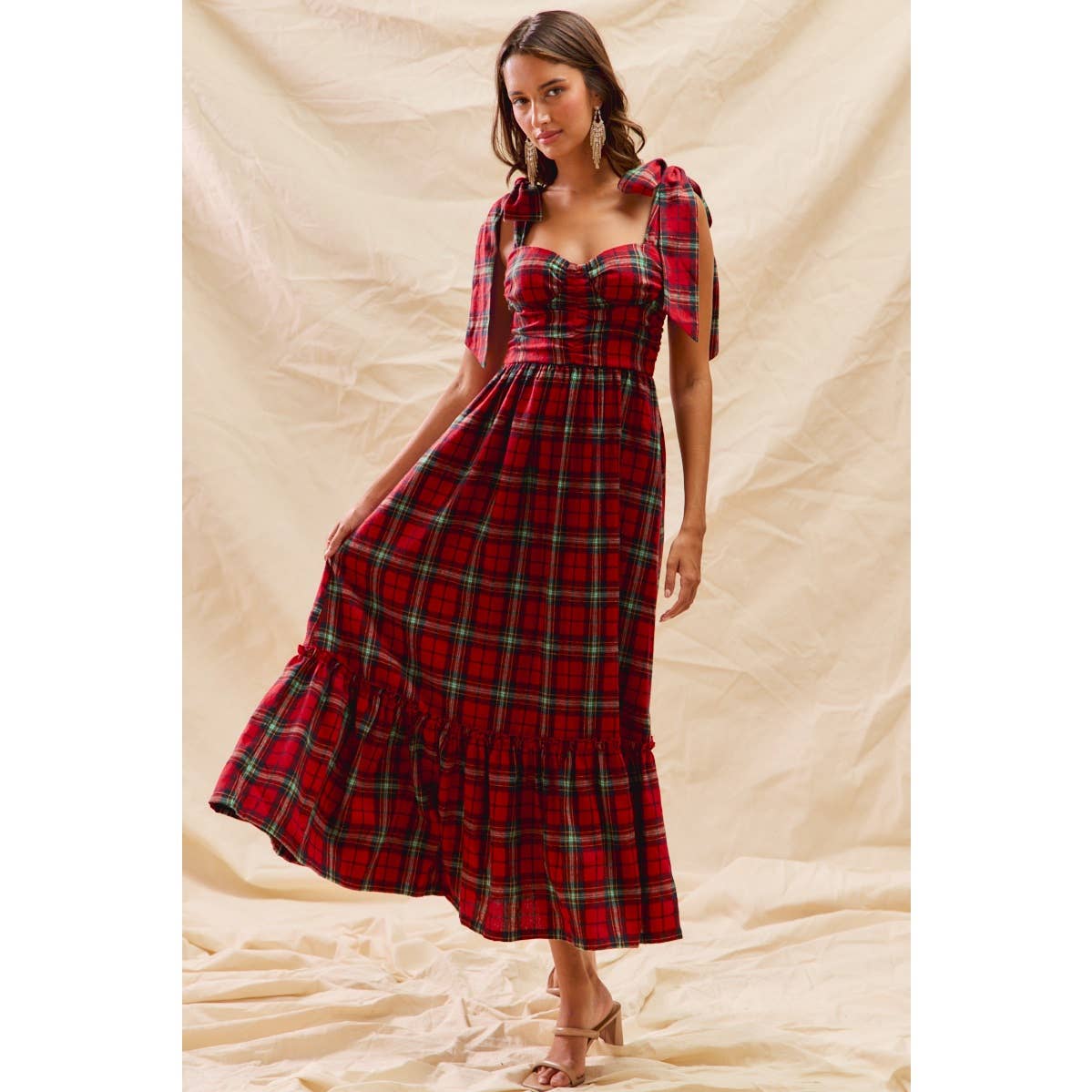CHRISTMAS CHECK PLAID WOVEN HOLIDAY MIDI DRESS