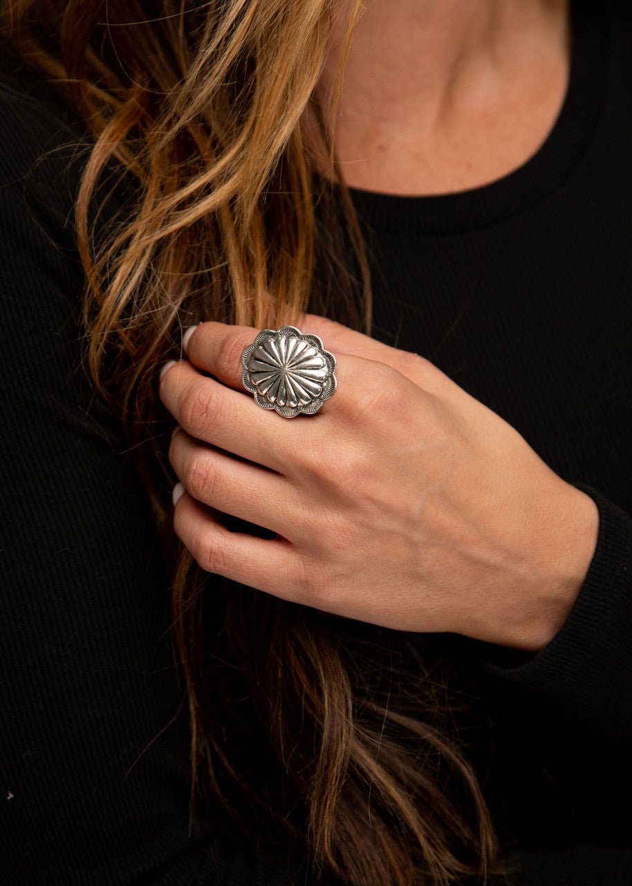 Large Burnished Silver Adjustable  Concho Ring