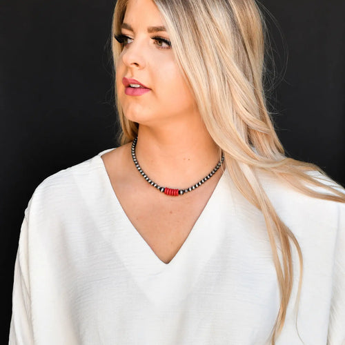 14" Faux Navajo Pearl Choker Necklace With Red Accent