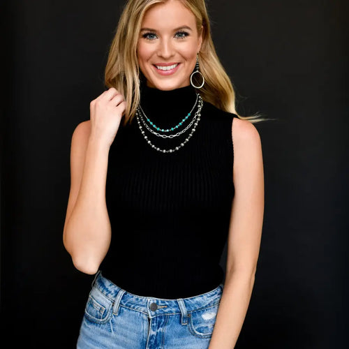 3 Strand Layered Chain Necklace W/ Turquoise & Faux Navajo