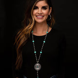 32"" Silver Disc Bead Y Necklace w/ Turquoise Diamond Accent
