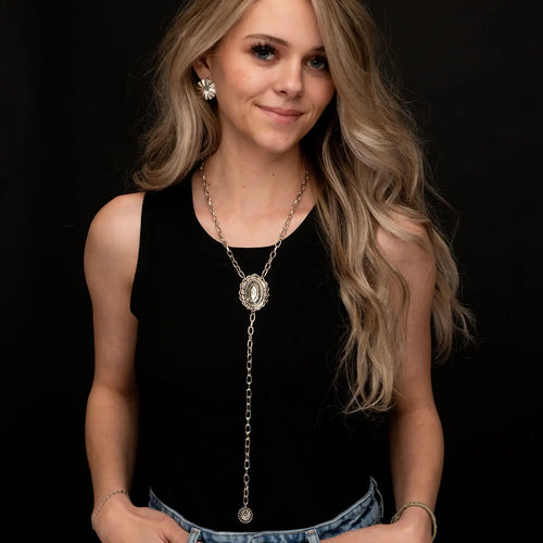 20"" W/6"" Tail Silver Chain Lariat Necklace w/Concho Accent