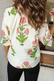 LAS Wild Flower Print V Neck 3/4 Sleeve Blouse (S-XL)