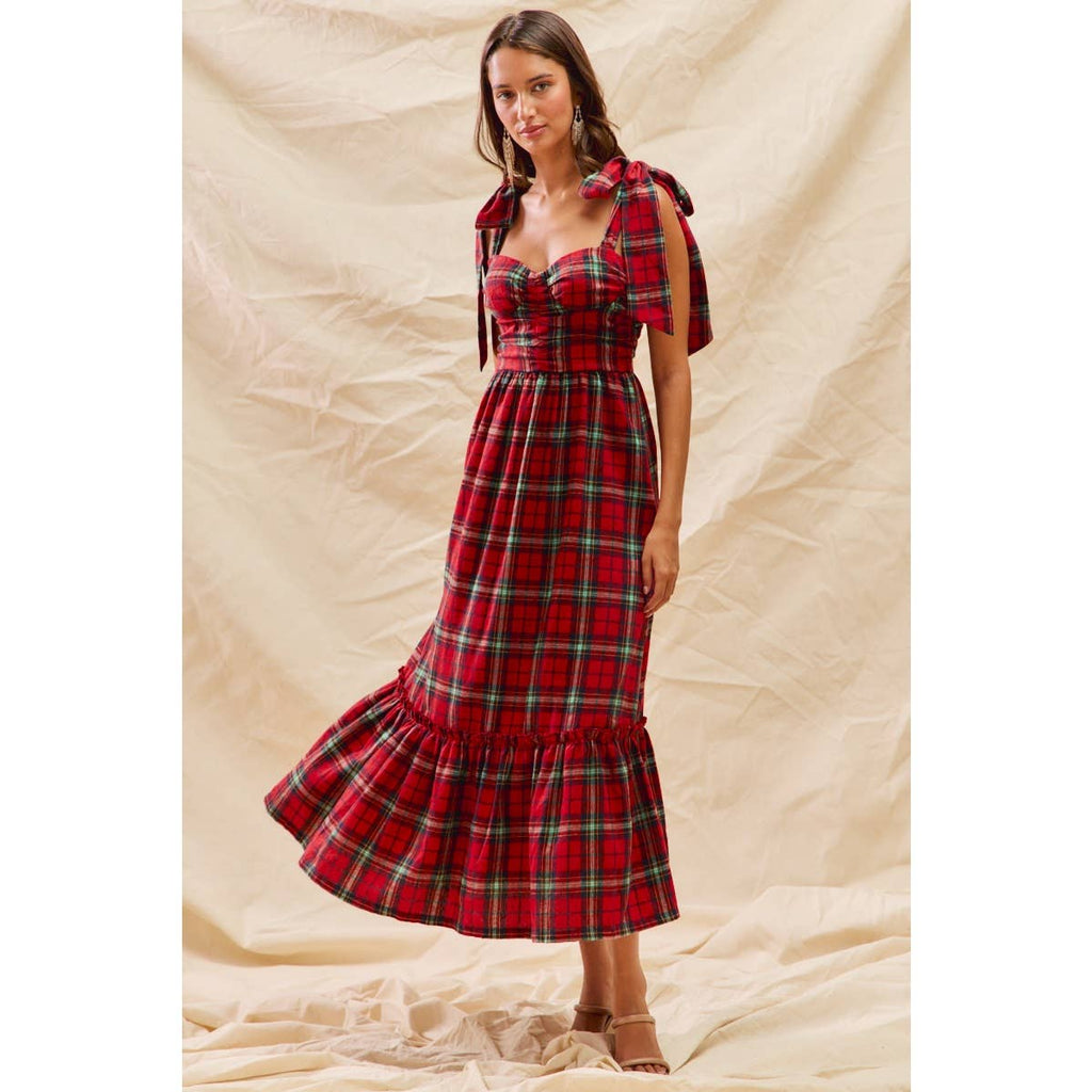 CHRISTMAS CHECK PLAID WOVEN HOLIDAY MIDI DRESS