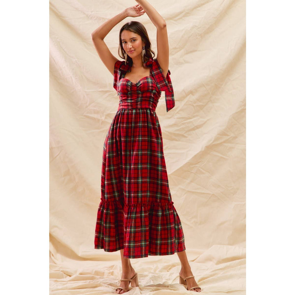 CHRISTMAS CHECK PLAID WOVEN HOLIDAY MIDI DRESS
