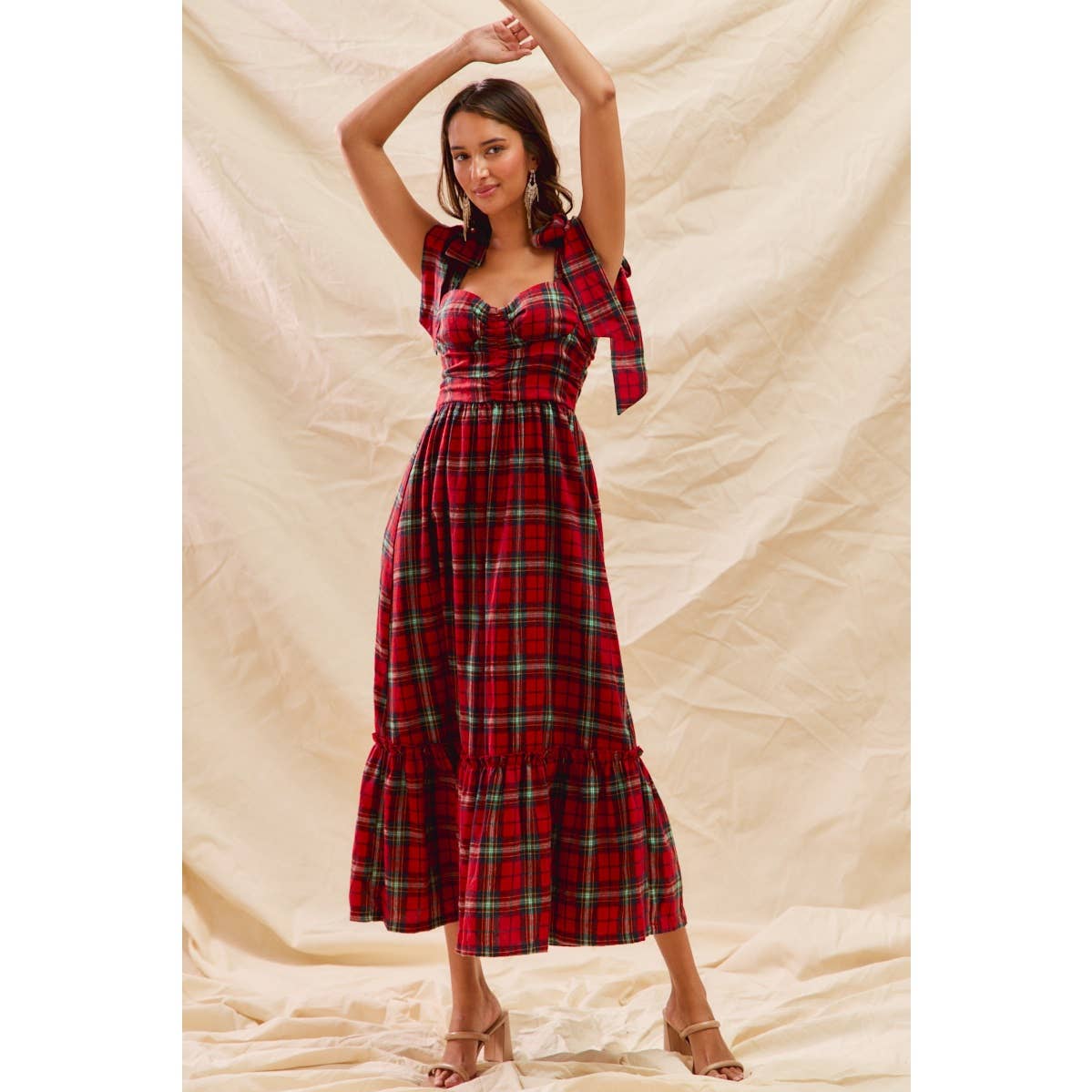 CHRISTMAS CHECK PLAID WOVEN HOLIDAY MIDI DRESS