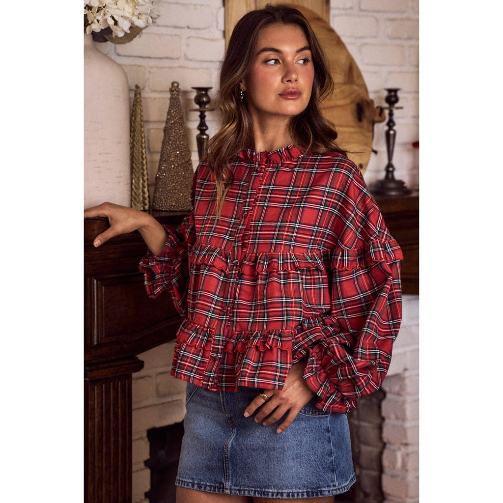 CHECKERED PLAID CHRISTMAS HOLIDAY BOHO TOP