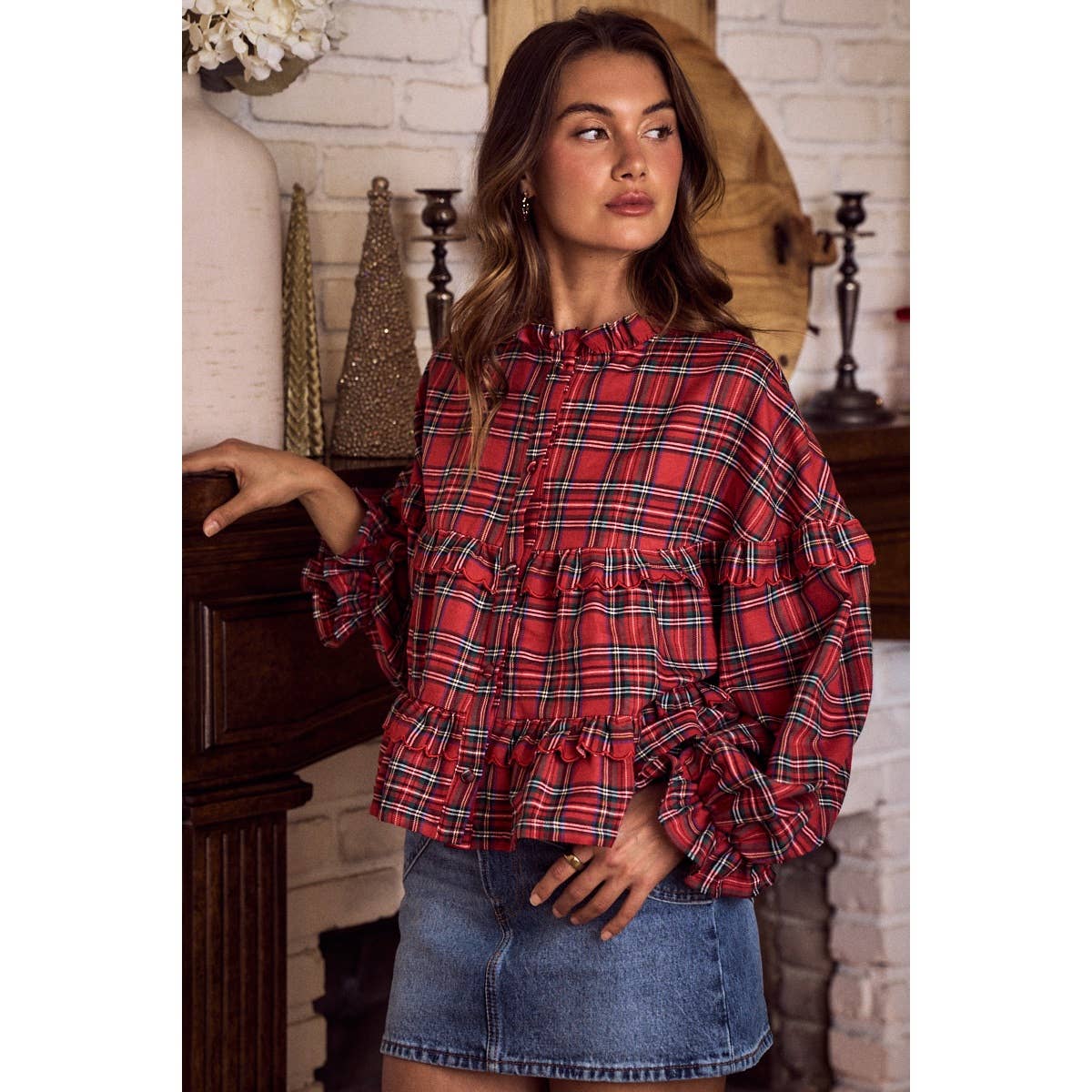 CHECKERED PLAID CHRISTMAS HOLIDAY BOHO TOP