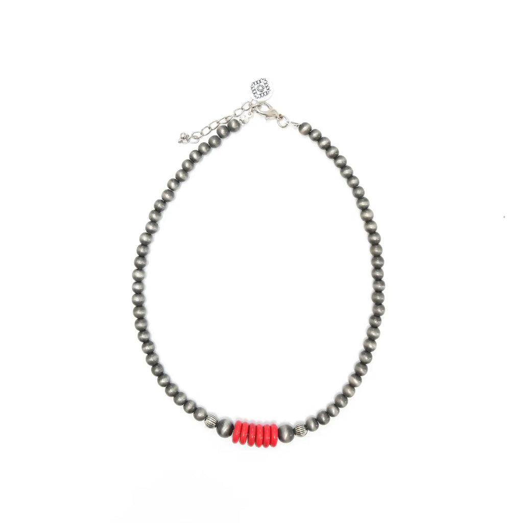 14" Faux Navajo Pearl Choker Necklace With Red Accent
