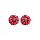 Burnished Silver and Red Flower Stud Earring