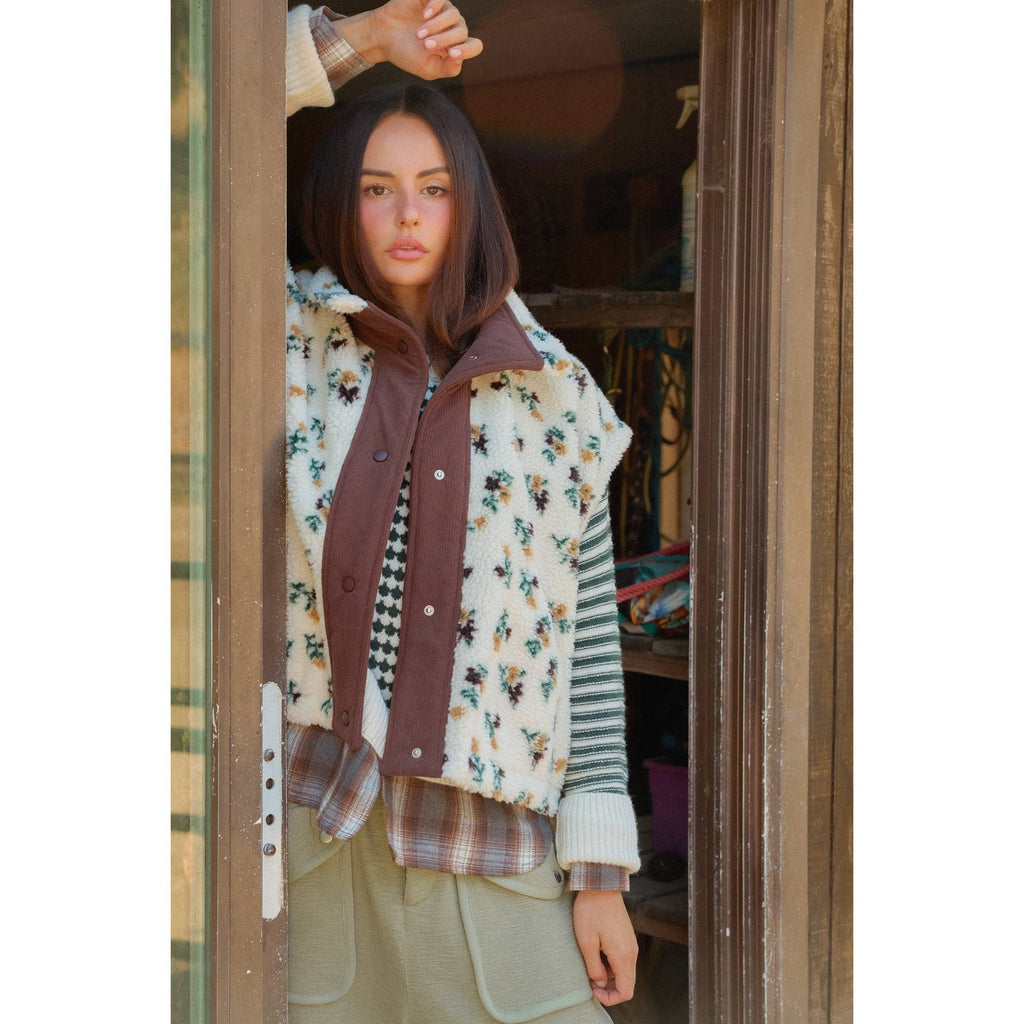 Floral Sherpa Vest With Corduroy