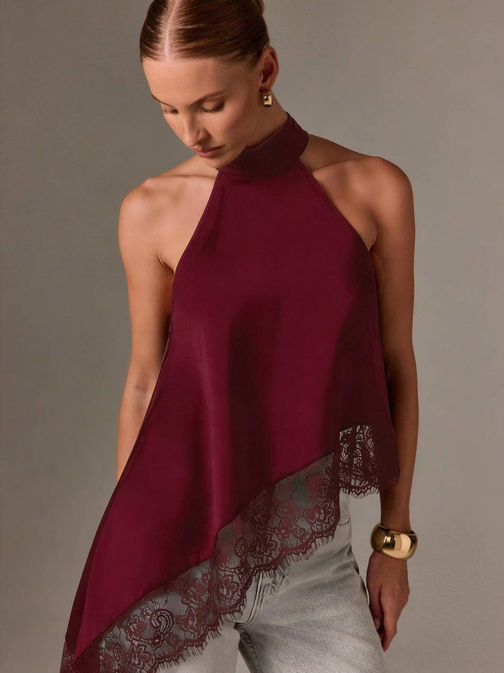 Lace Trim Satin Halter Top