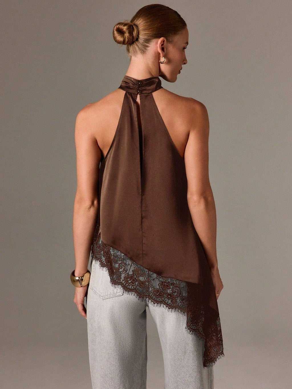 Lace Trim Satin Halter Top