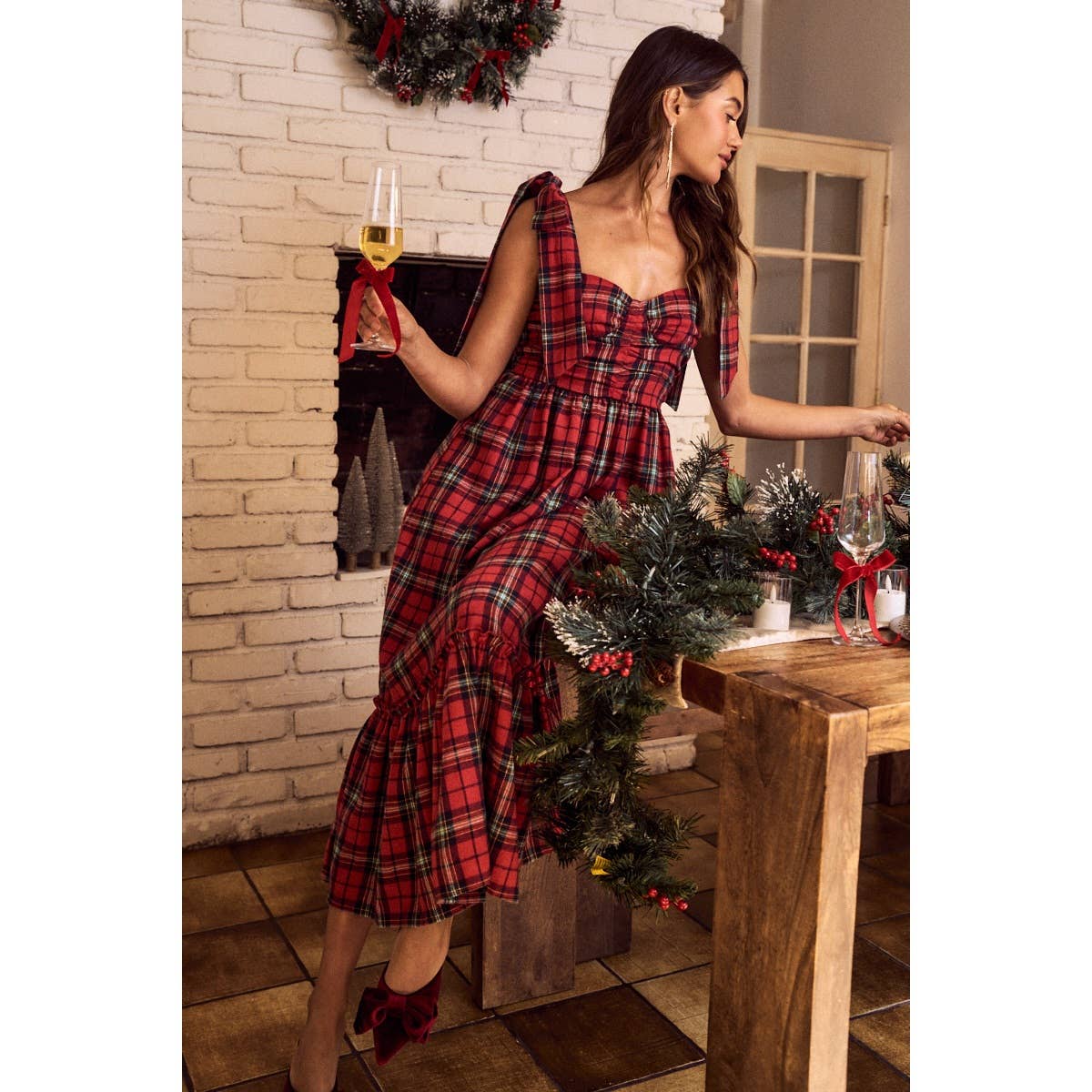 CHRISTMAS CHECK PLAID WOVEN HOLIDAY MIDI DRESS
