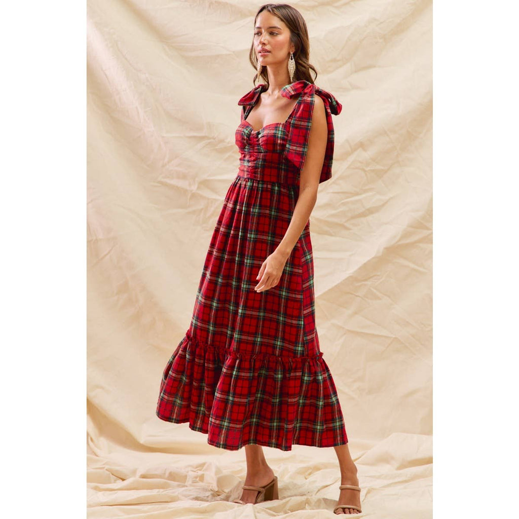 CHRISTMAS CHECK PLAID WOVEN HOLIDAY MIDI DRESS