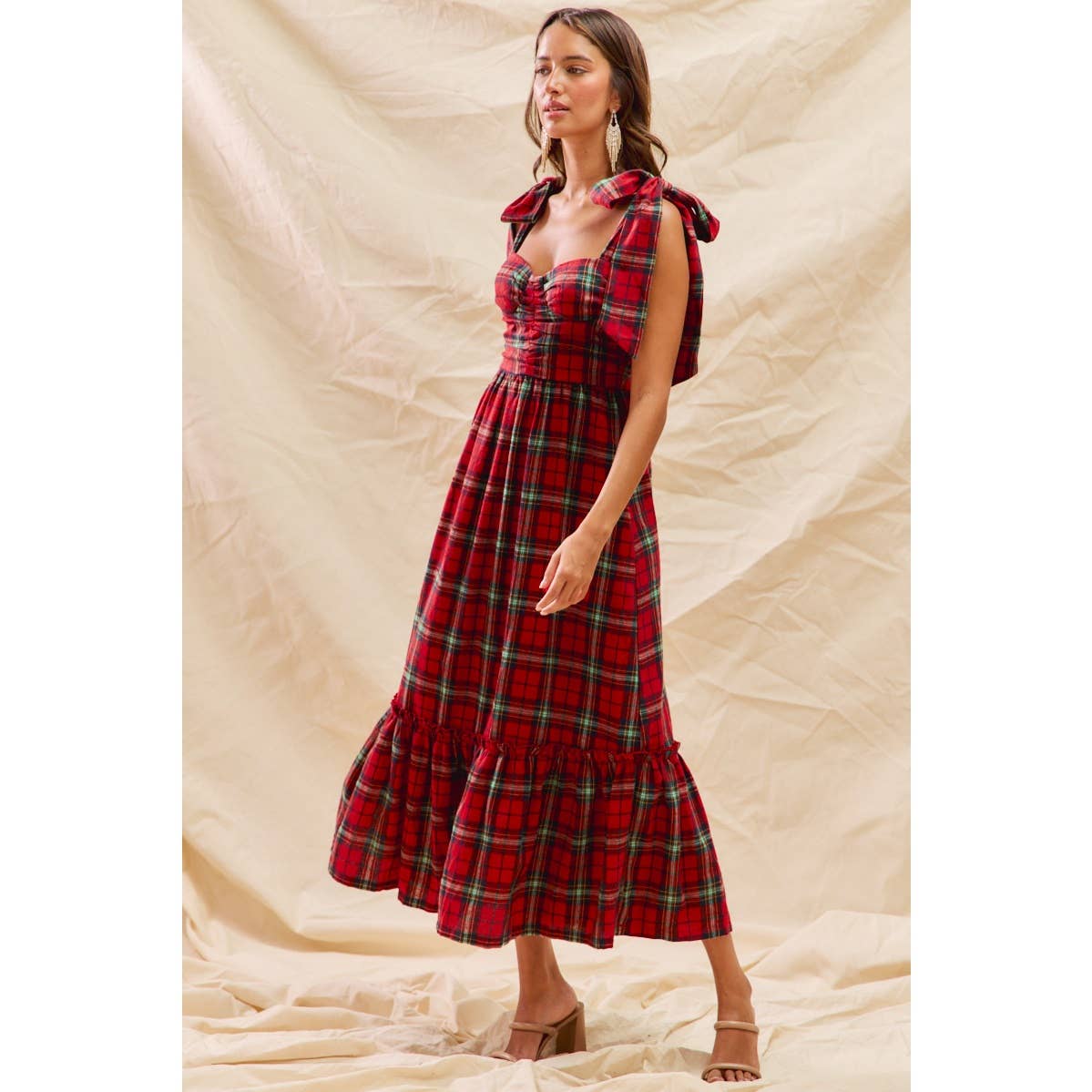 CHRISTMAS CHECK PLAID WOVEN HOLIDAY MIDI DRESS
