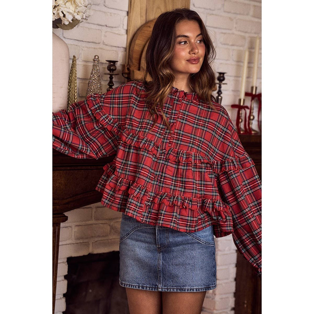 CHECKERED PLAID CHRISTMAS HOLIDAY BOHO TOP