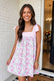 LAS Floral Stripe Patchwork Bow Knot Strap Mini Dress (S-XL)