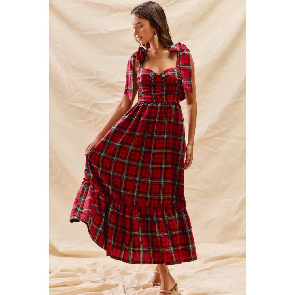 CHRISTMAS CHECK PLAID WOVEN HOLIDAY MIDI DRESS