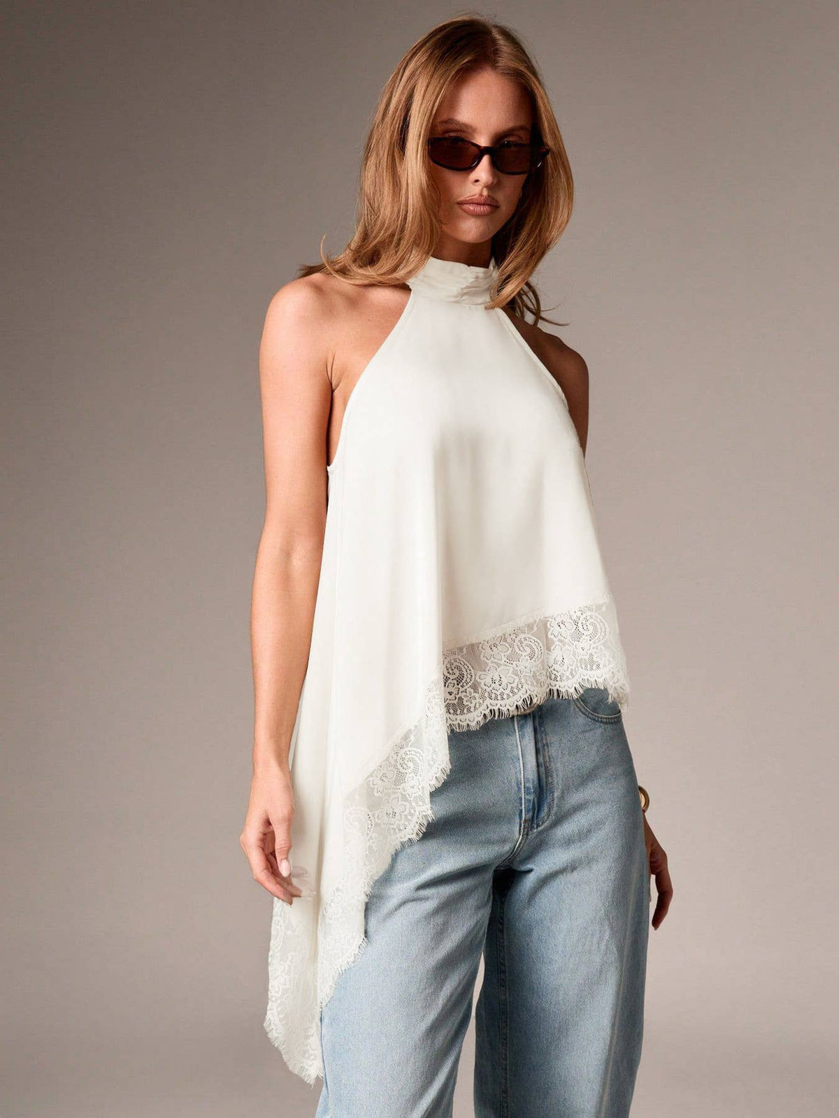 Lace Trim Satin Halter Top