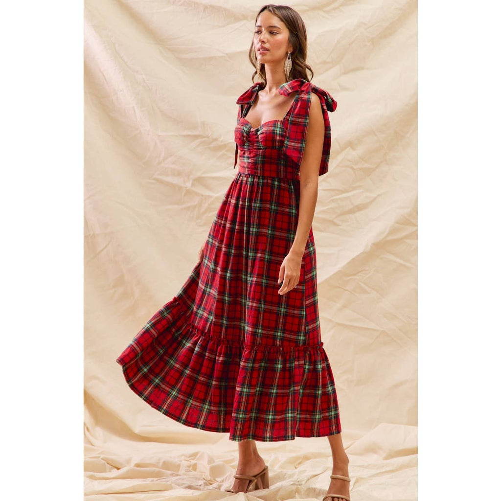 CHRISTMAS CHECK PLAID WOVEN HOLIDAY MIDI DRESS