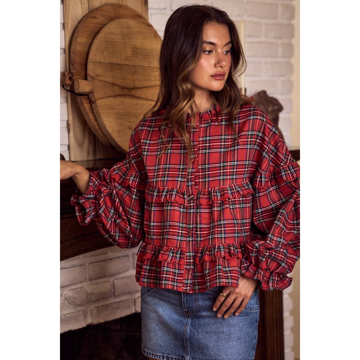 CHECKERED PLAID CHRISTMAS HOLIDAY BOHO TOP