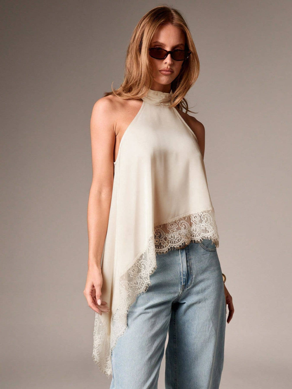 Lace Trim Satin Halter Top