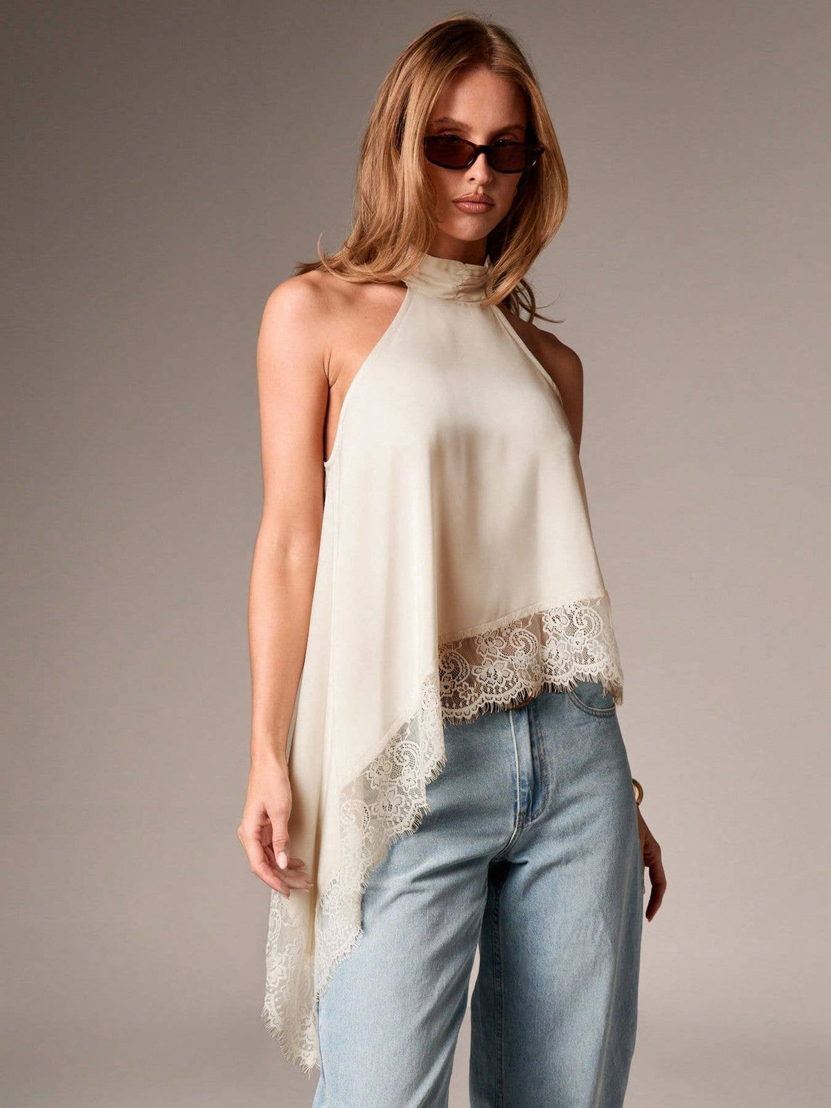 Lace Trim Satin Halter Top