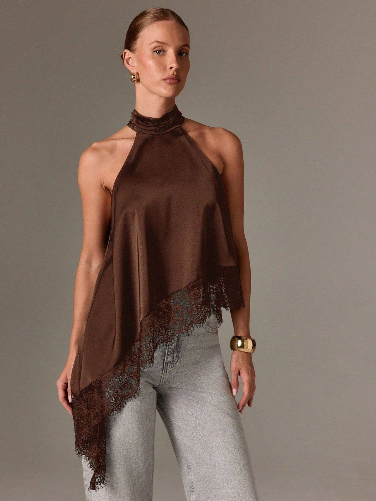 Lace Trim Satin Halter Top