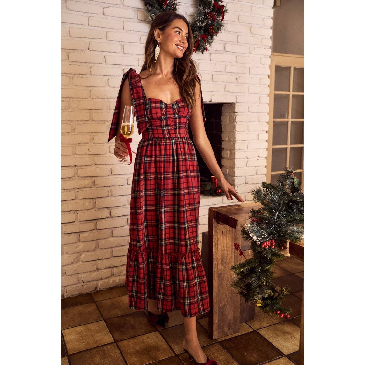 CHRISTMAS CHECK PLAID WOVEN HOLIDAY MIDI DRESS