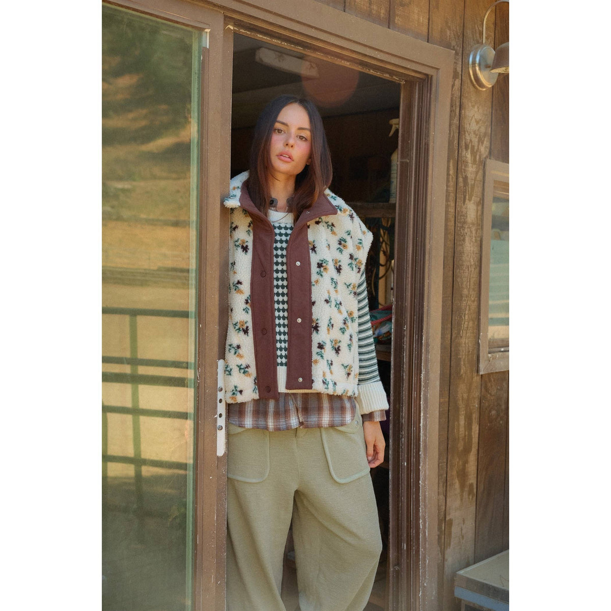 Floral Sherpa Vest With Corduroy