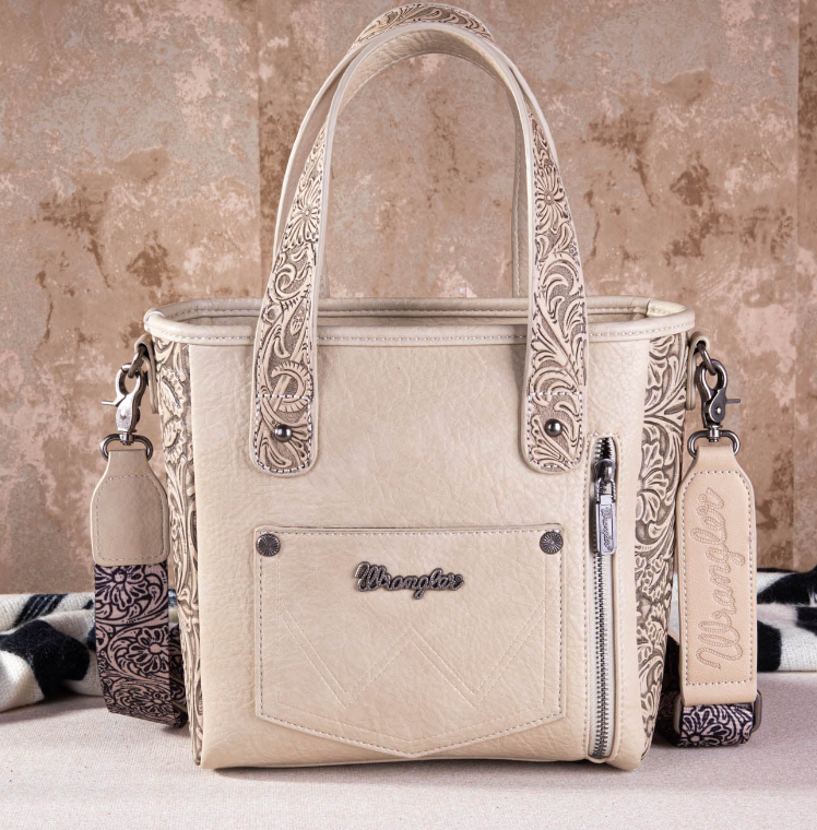 Wrangler Hair-On Cowhide Vintage Floral Concealed Carry Tote/Crossbody - Beige