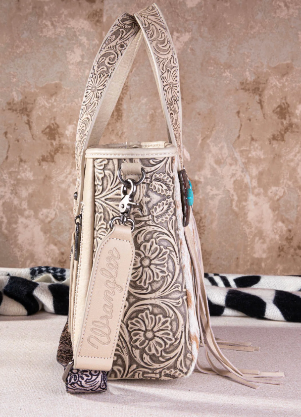 Wrangler Hair-On Cowhide Vintage Floral Concealed Carry Tote/Crossbody - Beige