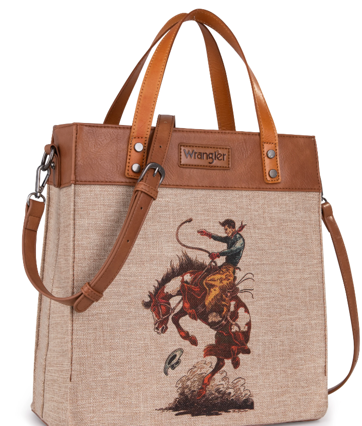Wrangler Art Print Canvas Tote/Crossbody- Tan