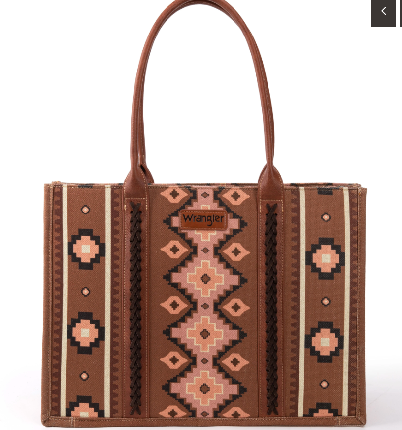 Wrangler Southwestern Pattern Dual Sided Print Canvas Wide Tote Dark Brown