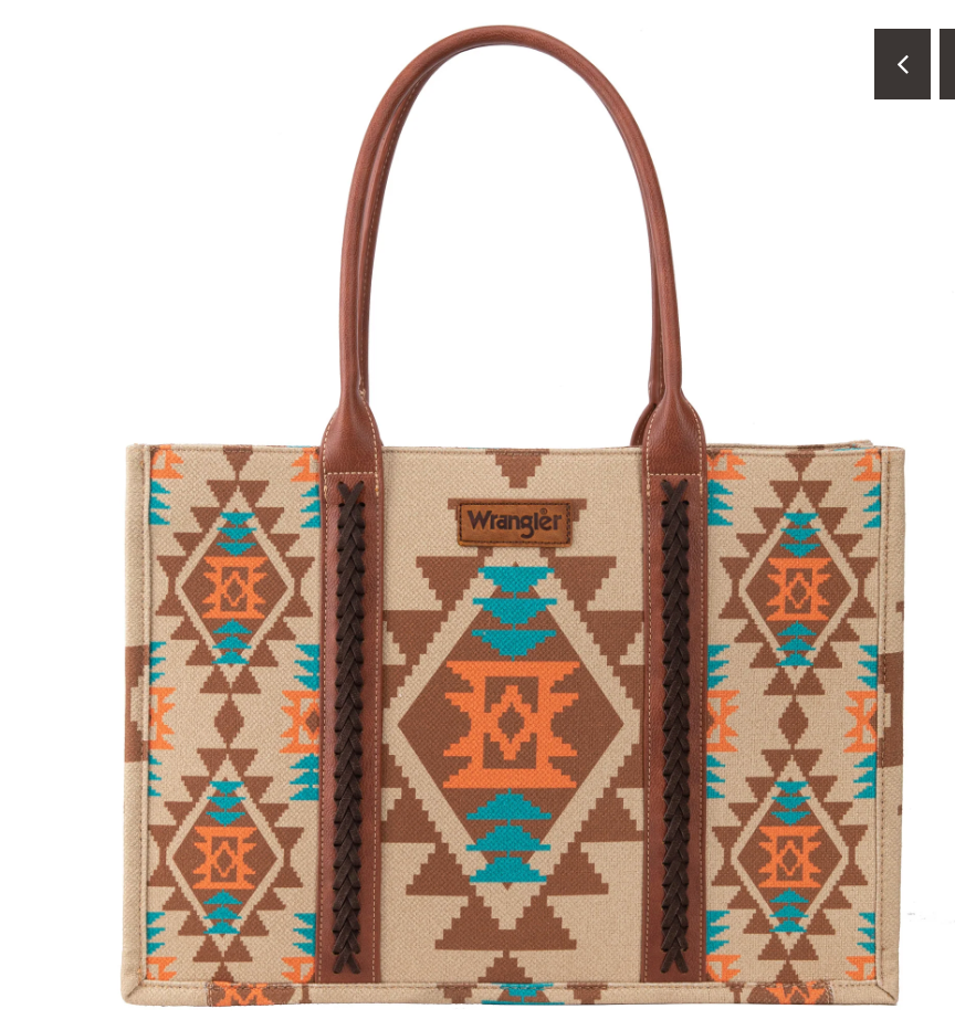 Wrangler Southwestern Pattern Dual Sided Print Canvas Wide Tote Tan
